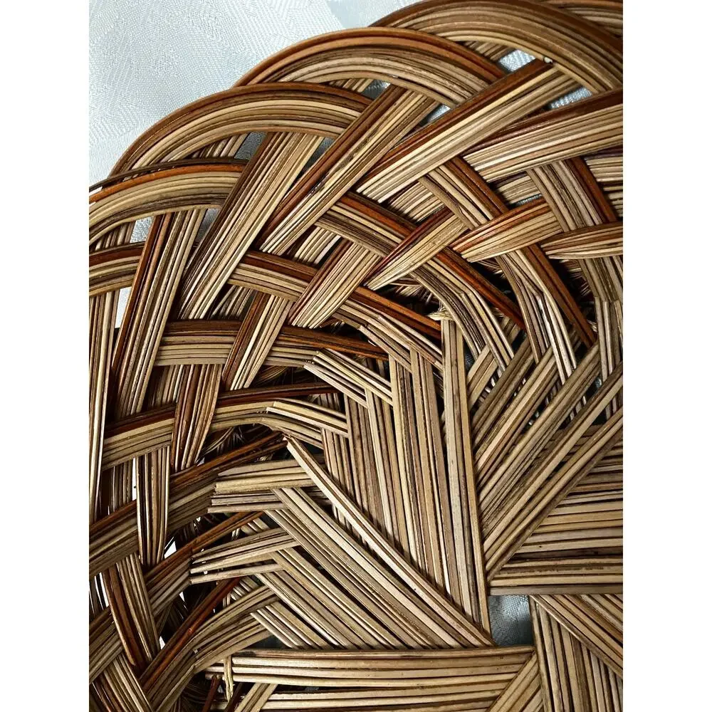 Vintage Woven Reed Bread Basket Round Handwoven Brown Tan Cream 13